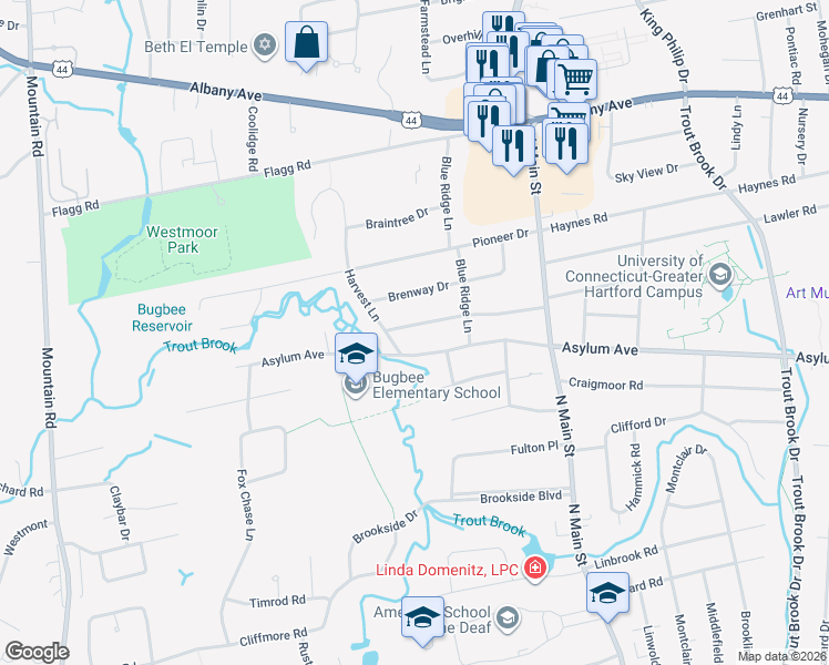 map of restaurants, bars, coffee shops, grocery stores, and more near 57 Mountain View Drive in West Hartford