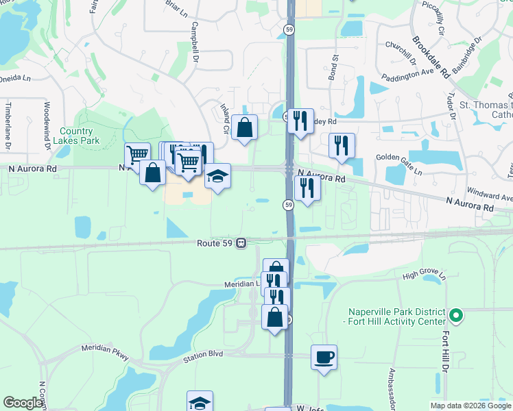 map of restaurants, bars, coffee shops, grocery stores, and more near 507 Railway Drive in Naperville