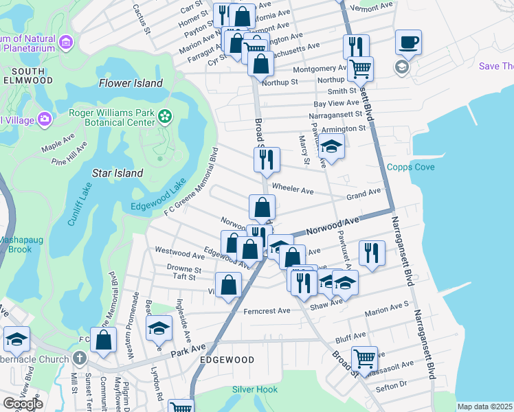 map of restaurants, bars, coffee shops, grocery stores, and more near 11 Betsey Williams Dr in Cranston