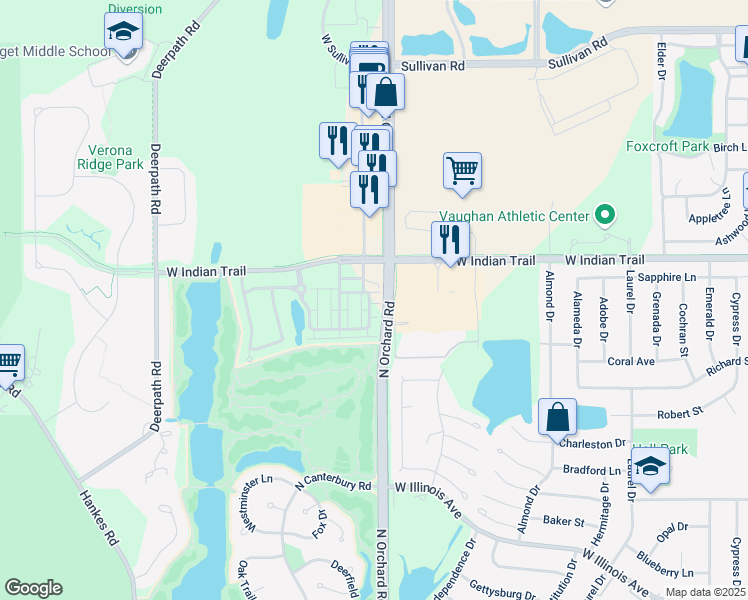 map of restaurants, bars, coffee shops, grocery stores, and more near 2440 Courtyard Circle in Aurora