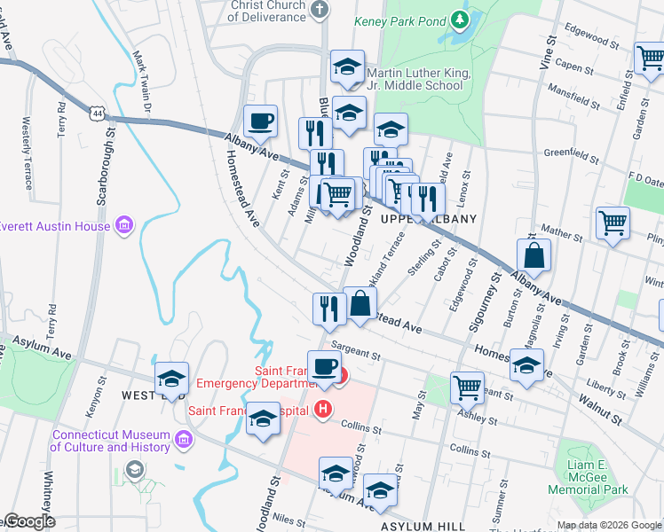 map of restaurants, bars, coffee shops, grocery stores, and more near 369 Woodland Street in Hartford