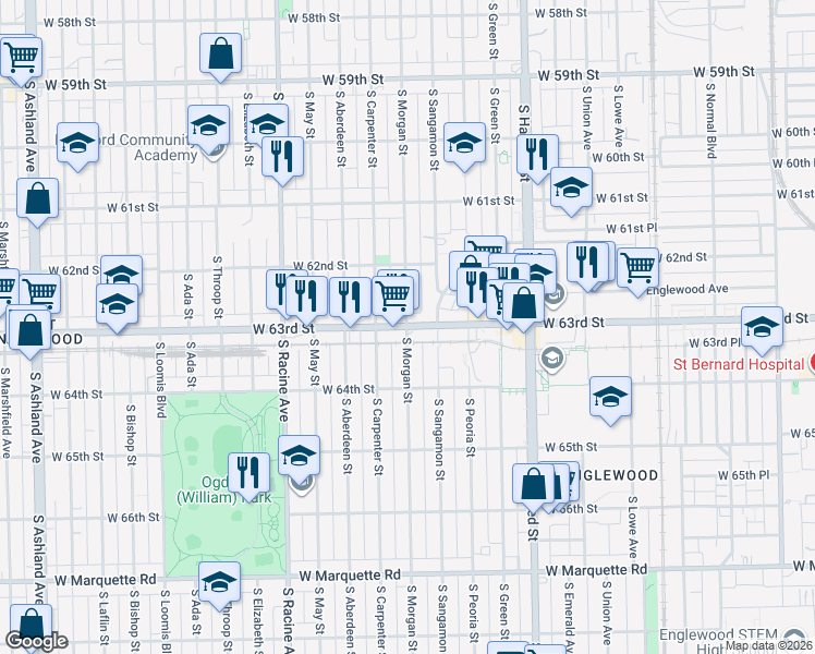 map of restaurants, bars, coffee shops, grocery stores, and more near W 63rd St & S Morgan St in Chicago