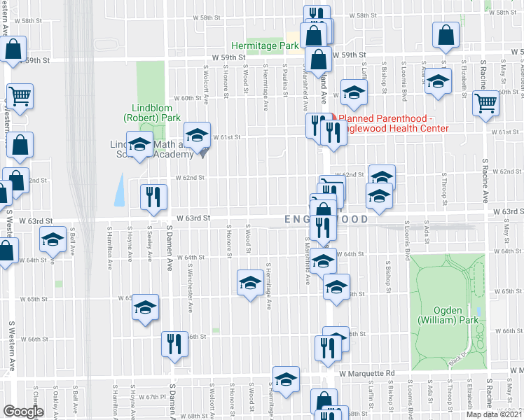 map of restaurants, bars, coffee shops, grocery stores, and more near 1740 West 63rd Street in Chicago