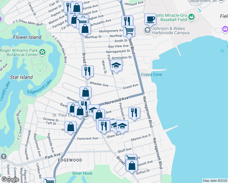 map of restaurants, bars, coffee shops, grocery stores, and more near 156 Grand Avenue in Cranston