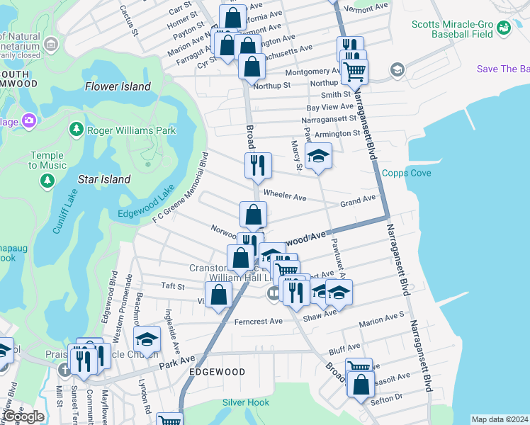 map of restaurants, bars, coffee shops, grocery stores, and more near 1720 Broad Street in Cranston