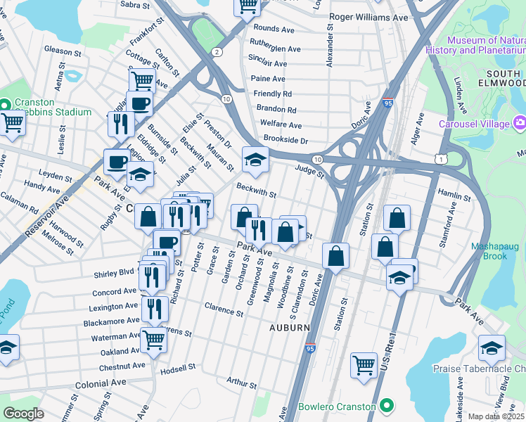 map of restaurants, bars, coffee shops, grocery stores, and more near 81 Greenwood Street in Cranston