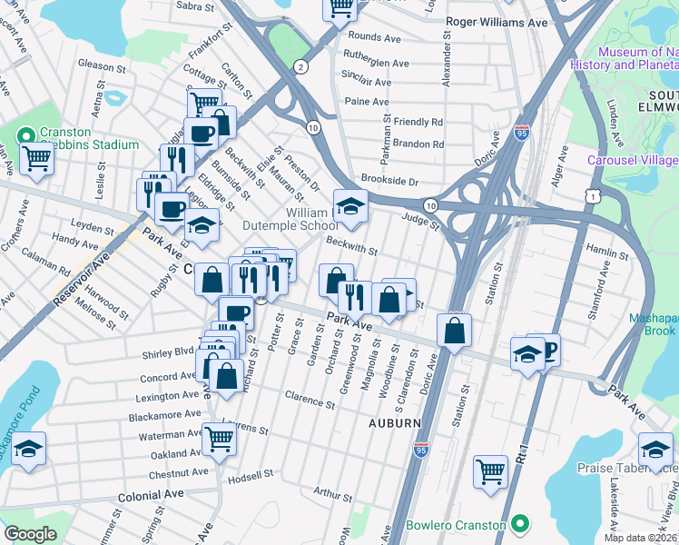 map of restaurants, bars, coffee shops, grocery stores, and more near 82 Garden Street in Cranston