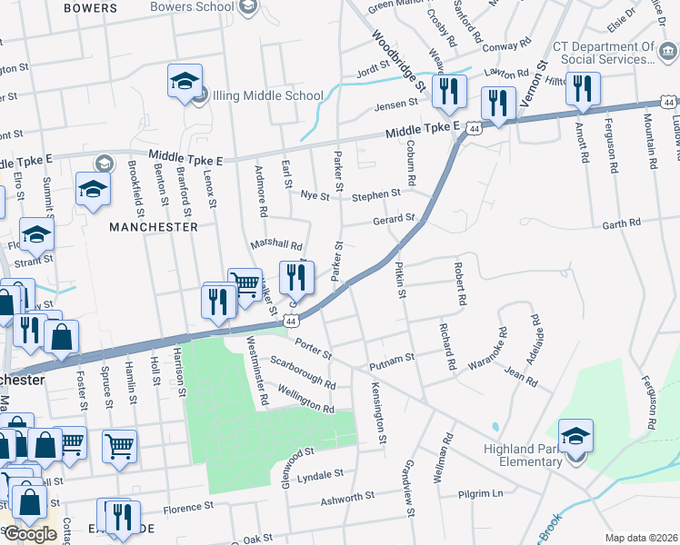 map of restaurants, bars, coffee shops, grocery stores, and more near 413 East Center Street in Manchester