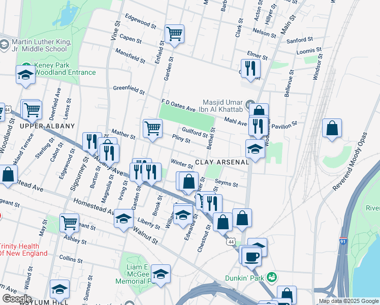 map of restaurants, bars, coffee shops, grocery stores, and more near 106 Mather Street in Hartford