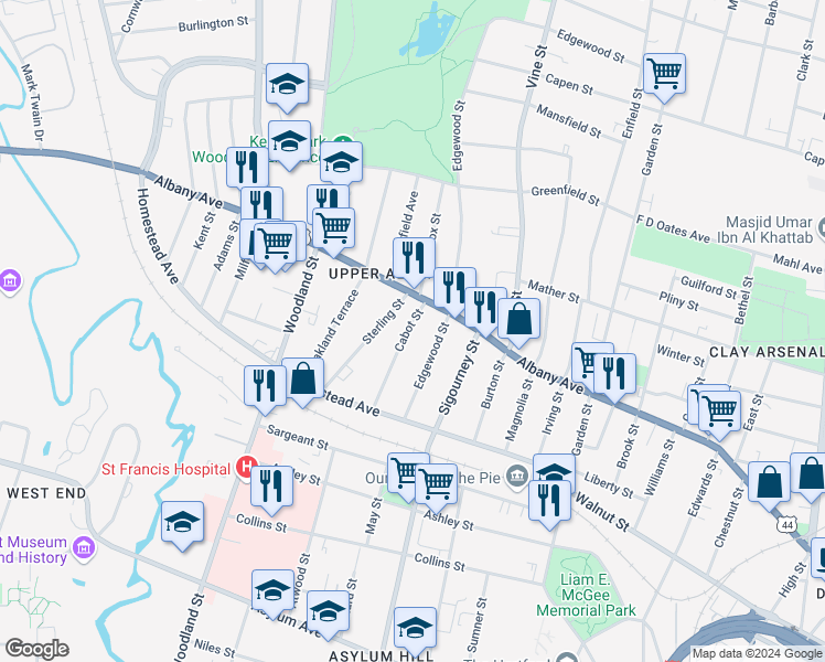 map of restaurants, bars, coffee shops, grocery stores, and more near 64 Cabot Street in Hartford