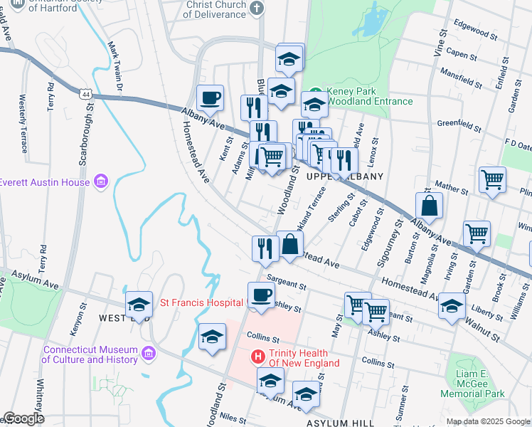 map of restaurants, bars, coffee shops, grocery stores, and more near 369 Woodland Street in Hartford