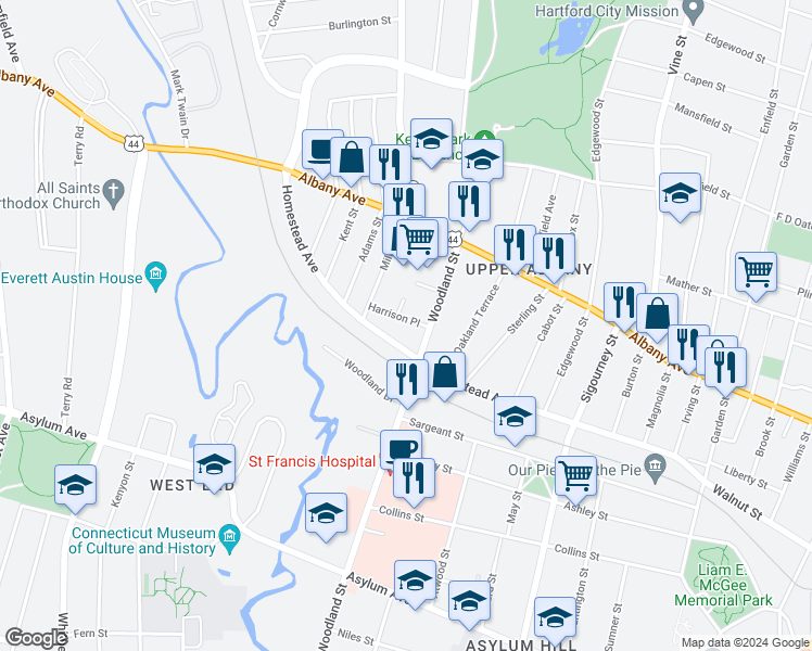 map of restaurants, bars, coffee shops, grocery stores, and more near 296 Homestead Avenue in Hartford