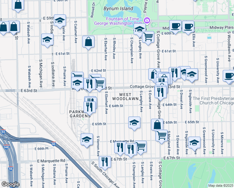 map of restaurants, bars, coffee shops, grocery stores, and more near 6325 South Rhodes Avenue in Chicago