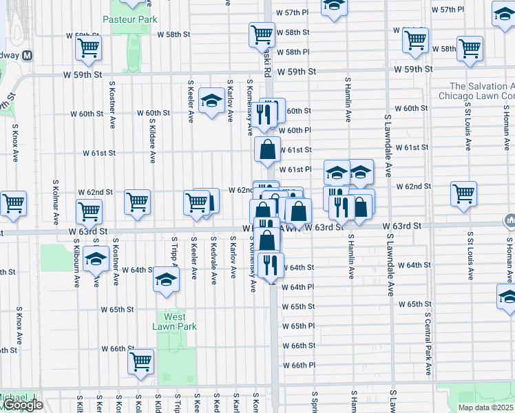 map of restaurants, bars, coffee shops, grocery stores, and more near 6230 South Pulaski Road in Chicago