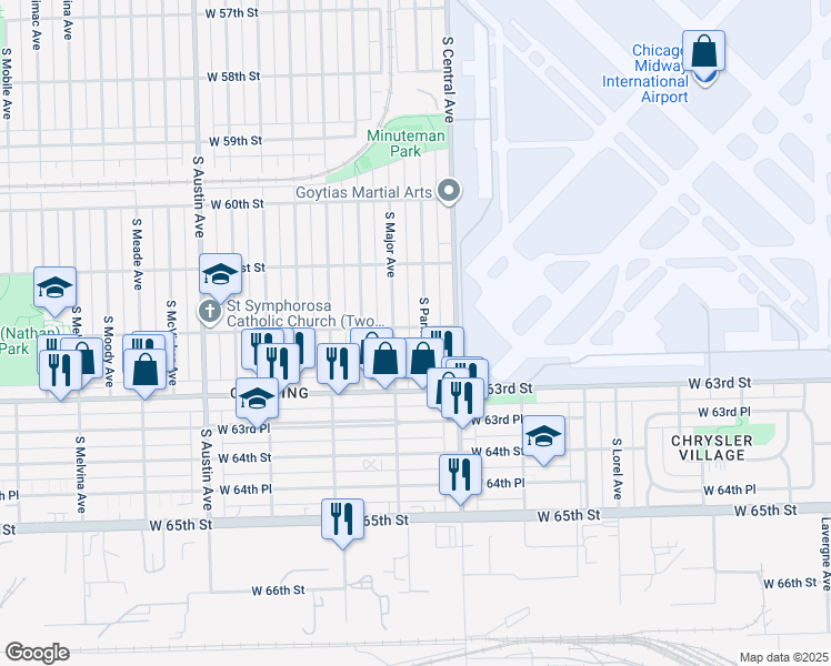 map of restaurants, bars, coffee shops, grocery stores, and more near 6206 South Parkside Avenue in Chicago