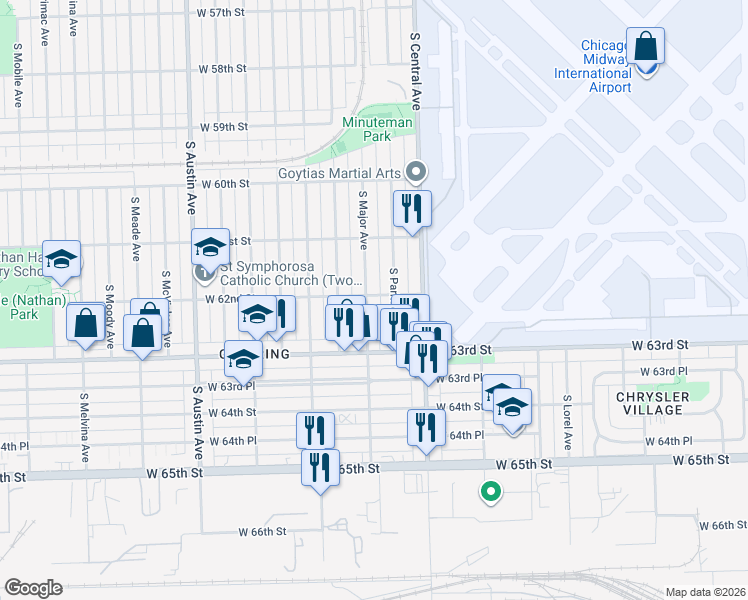 map of restaurants, bars, coffee shops, grocery stores, and more near 6206 South Parkside Avenue in Chicago