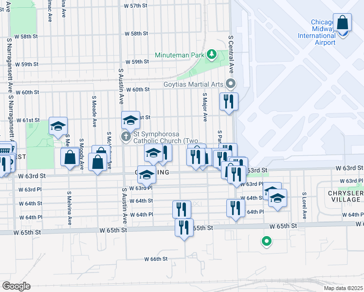 map of restaurants, bars, coffee shops, grocery stores, and more near 6203 South Menard Avenue in Chicago