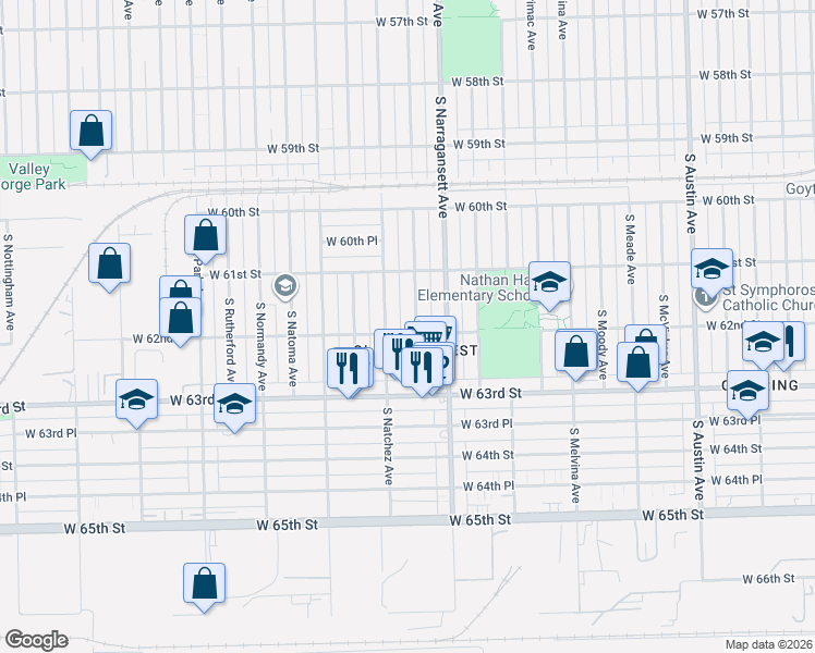 map of restaurants, bars, coffee shops, grocery stores, and more near 6158 South Nagle Avenue in Chicago