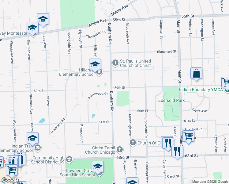 map of restaurants, bars, coffee shops, grocery stores, and more near in Downers Grove