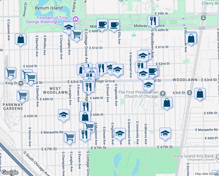 map of restaurants, bars, coffee shops, grocery stores, and more near 6323 South Drexel Avenue in Chicago