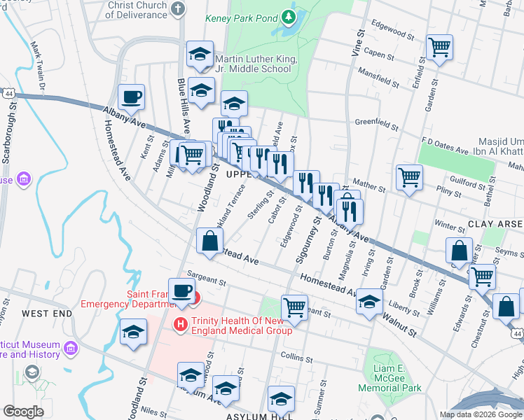 map of restaurants, bars, coffee shops, grocery stores, and more near 64 Cabot Street in Hartford