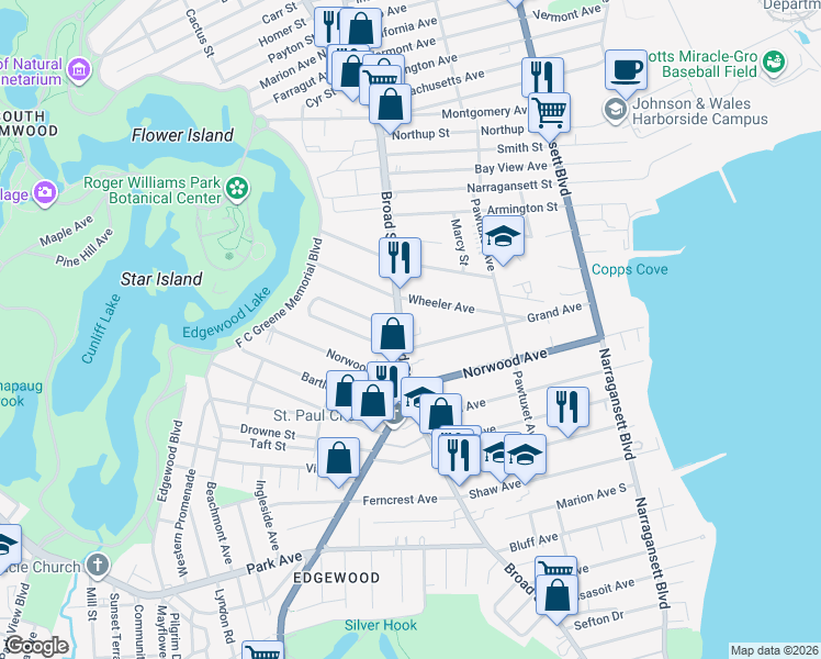 map of restaurants, bars, coffee shops, grocery stores, and more near 1710 Broad Street in Providence