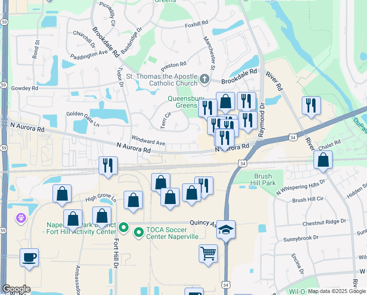 map of restaurants, bars, coffee shops, grocery stores, and more near 1646 Windward Court in Naperville