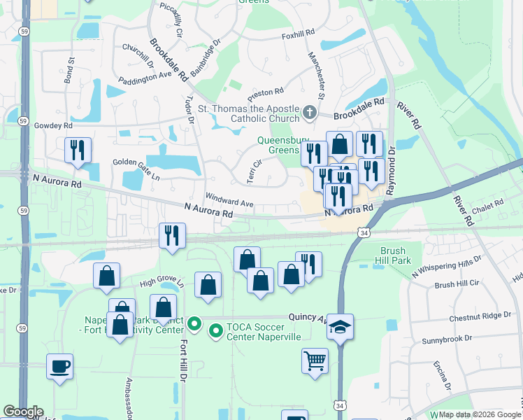 map of restaurants, bars, coffee shops, grocery stores, and more near 1670 Windward Avenue in Naperville