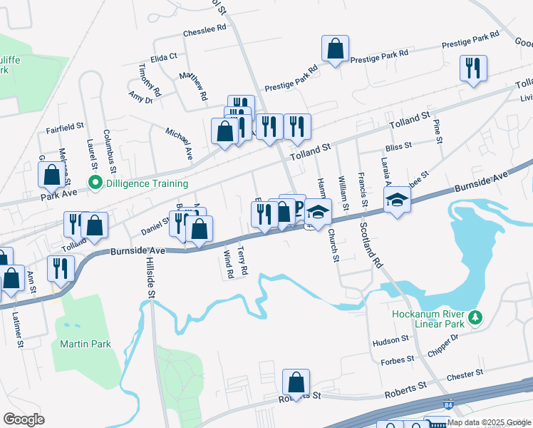 map of restaurants, bars, coffee shops, grocery stores, and more near 18 Elmer Street in East Hartford