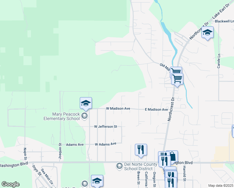 map of restaurants, bars, coffee shops, grocery stores, and more near 1898 Alexandria Way in Crescent City
