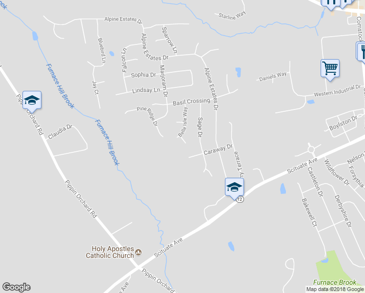 map of restaurants, bars, coffee shops, grocery stores, and more near 7 Lace Circle in Cranston