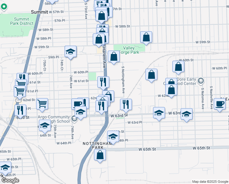 map of restaurants, bars, coffee shops, grocery stores, and more near 6135 South Harlem Avenue in Chicago