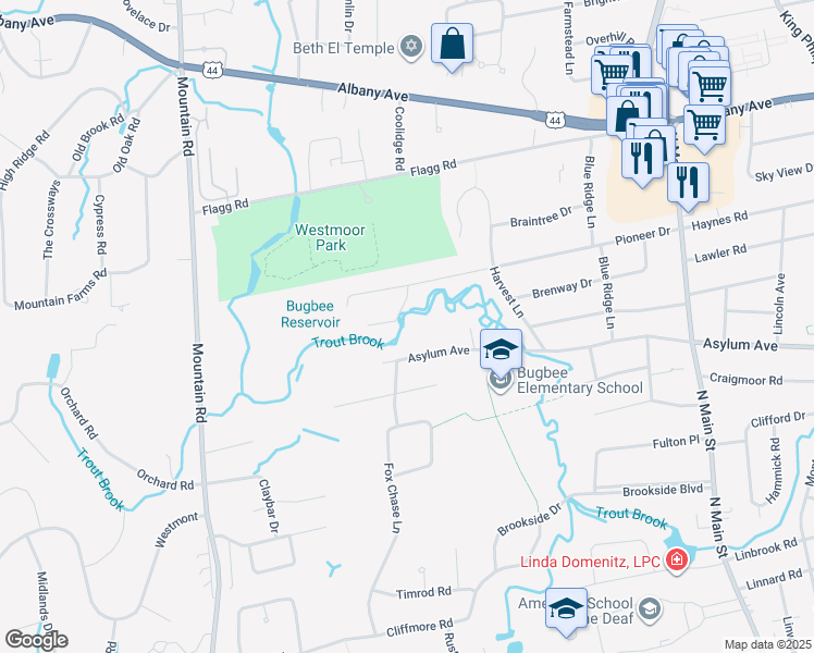 map of restaurants, bars, coffee shops, grocery stores, and more near 136 Fox Chase Lane in West Hartford