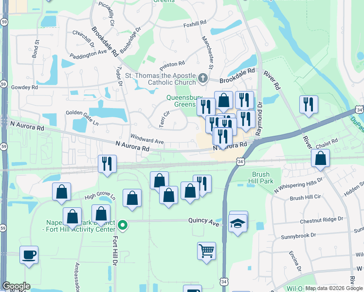 map of restaurants, bars, coffee shops, grocery stores, and more near 1646 Windward Court in Naperville