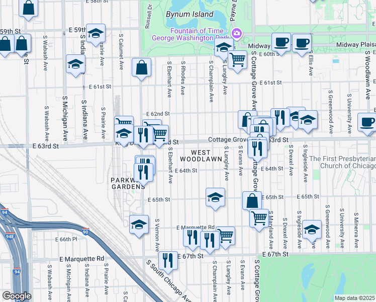 map of restaurants, bars, coffee shops, grocery stores, and more near 6325 South Rhodes Avenue in Chicago