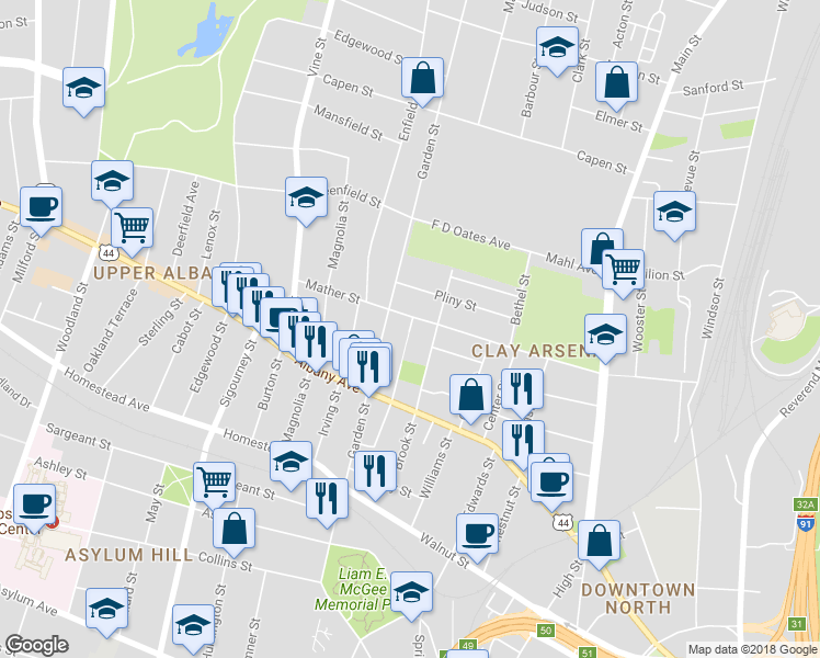 map of restaurants, bars, coffee shops, grocery stores, and more near 132 Bedford Street in Hartford