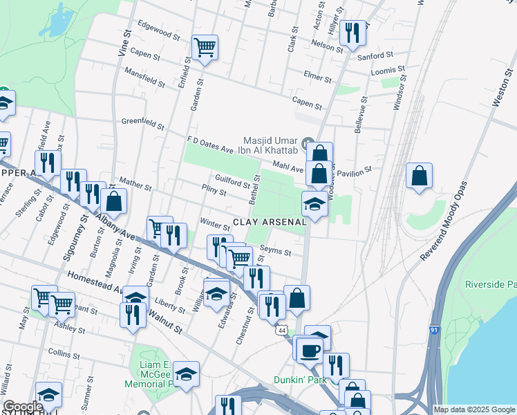 map of restaurants, bars, coffee shops, grocery stores, and more near 16 Bethel Street in Hartford
