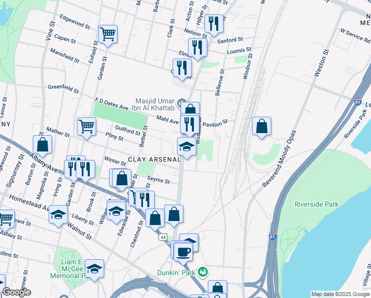 map of restaurants, bars, coffee shops, grocery stores, and more near 1846 Main Street in Hartford