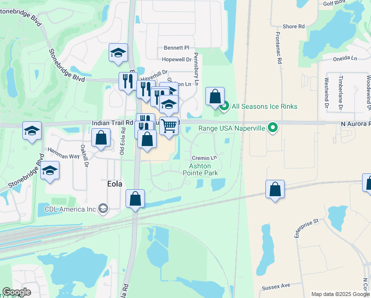 map of restaurants, bars, coffee shops, grocery stores, and more near 3244 Bromley Lane in Aurora