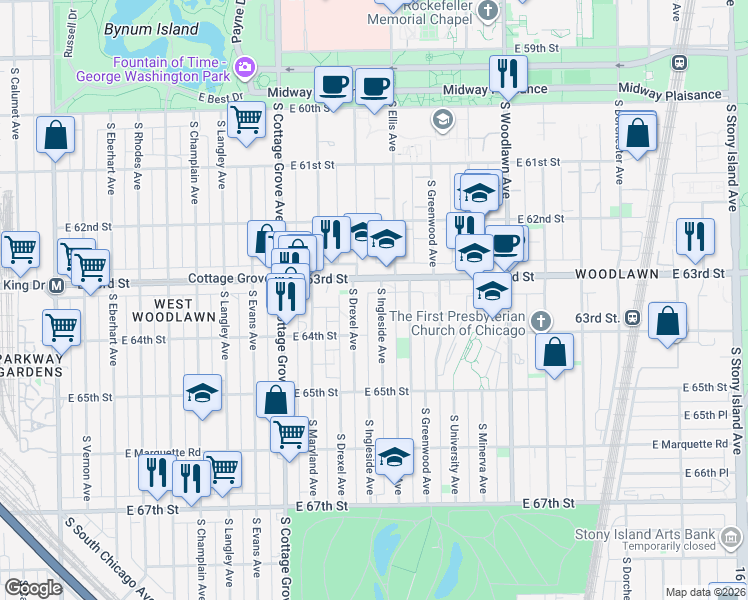map of restaurants, bars, coffee shops, grocery stores, and more near 6320 South Ingleside Avenue in Chicago
