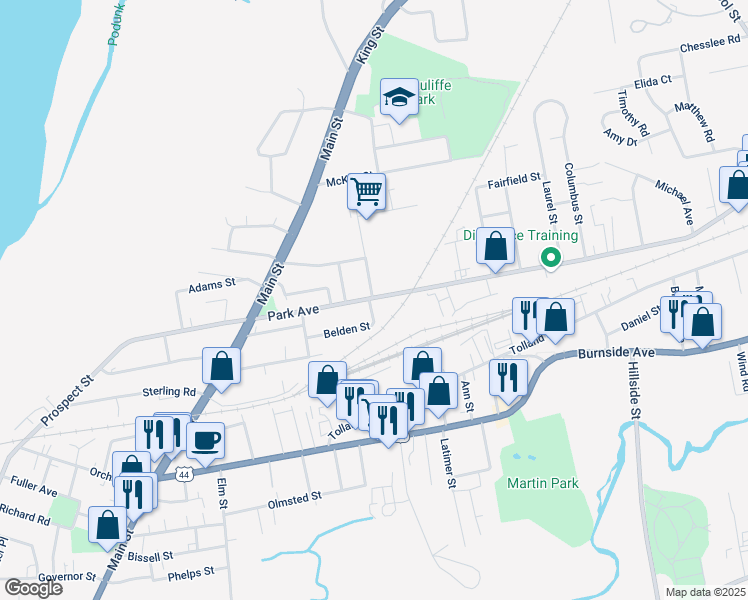 map of restaurants, bars, coffee shops, grocery stores, and more near 97 Park Avenue in East Hartford