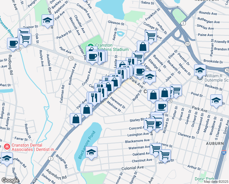 map of restaurants, bars, coffee shops, grocery stores, and more near 749 Reservoir Avenue in Cranston