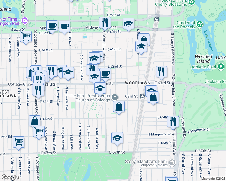 map of restaurants, bars, coffee shops, grocery stores, and more near 6306 South Woodlawn Avenue in Chicago