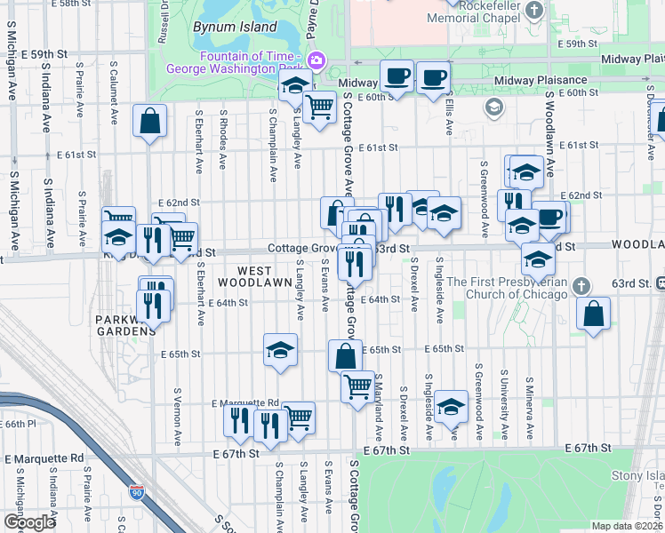 map of restaurants, bars, coffee shops, grocery stores, and more near 6324 South Evans Avenue in Chicago
