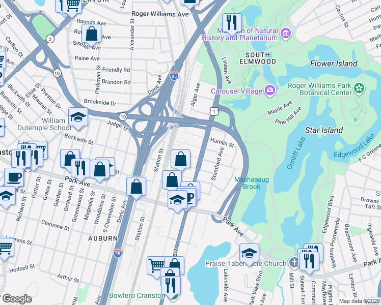 map of restaurants, bars, coffee shops, grocery stores, and more near 60 Thurston Street in Providence