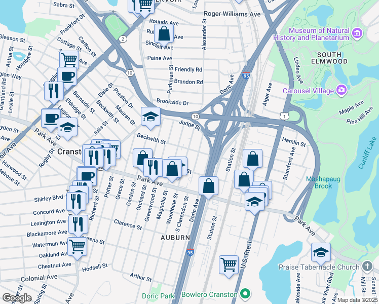 map of restaurants, bars, coffee shops, grocery stores, and more near 65 North Clarendon Street in Cranston
