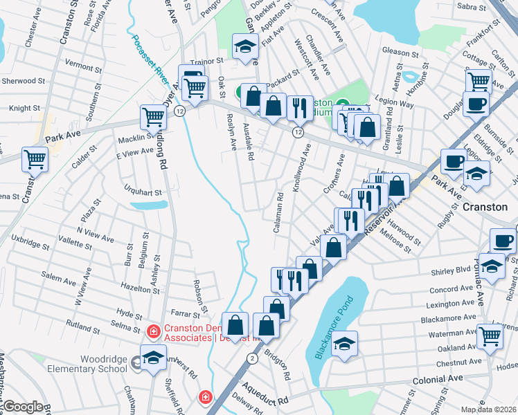 map of restaurants, bars, coffee shops, grocery stores, and more near 118 Columbus Boulevard in Cranston