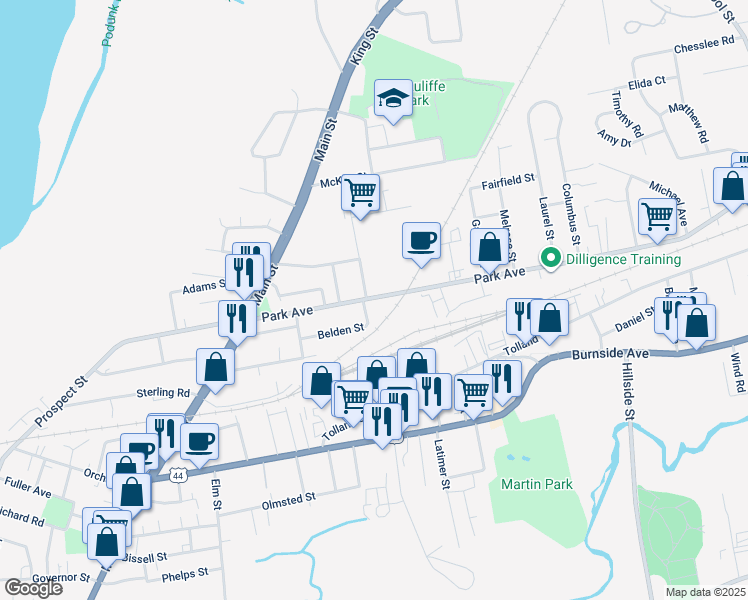 map of restaurants, bars, coffee shops, grocery stores, and more near 97 Park Avenue in East Hartford