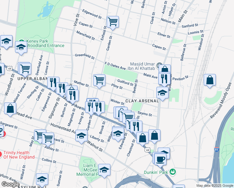 map of restaurants, bars, coffee shops, grocery stores, and more near 127 Mather Street in Hartford