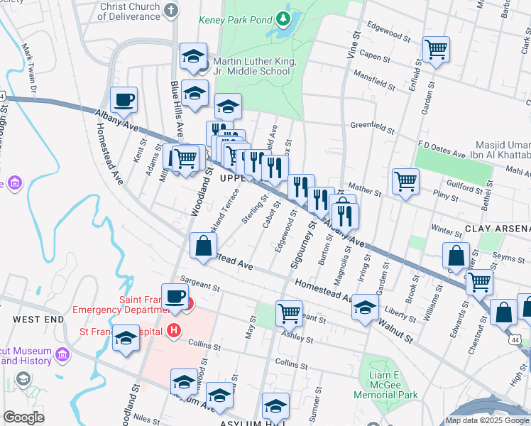 map of restaurants, bars, coffee shops, grocery stores, and more near 64 Cabot Street in Hartford
